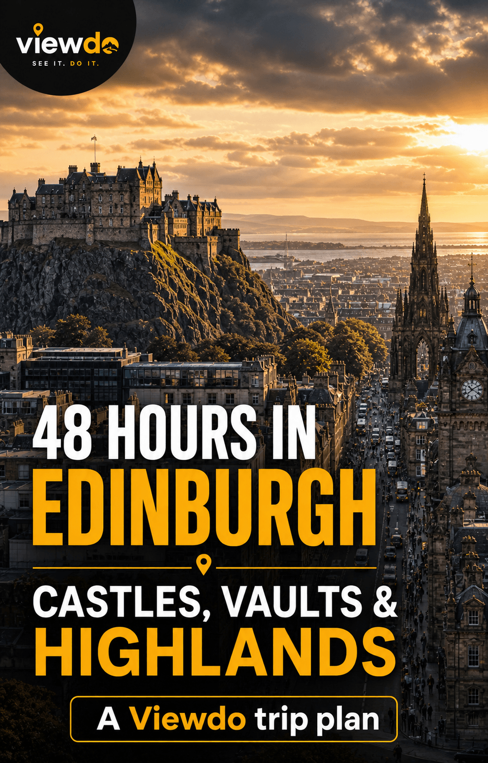 Edinburgh Castle and the city skyline at sunset with a 48 hours in Edinburgh title